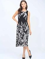 Black and White Sleeveless Jacquard Midi A-Line Dress With Mesh Detail By Cativa