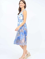 Elegant Sleeveless Blue Watercolor Print Jacquard A-Line Midi Dress By Cativa