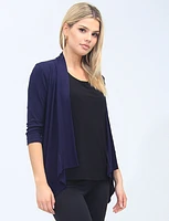 Pointelle Knit Navy Shrug With 3/4 Sleeves And Draped Front By Vamp