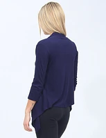 Pointelle Knit Navy Shrug With 3/4 Sleeves And Draped Front By Vamp