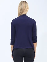 Pointelle Knit Navy Shrug With 3/4 Sleeves And Draped Front By Vamp