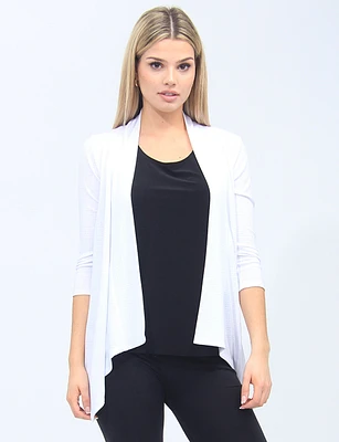 Draped Front Pointelle Knit 3/4 Sleeves White Shrug By Vamp