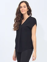 V-Neck Pleat Front Flowy Cap Sleeve Solid Blouse by Vamp