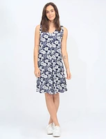 Navy Floral Sleeveless A-Line Front Pleat Dress By Vamp