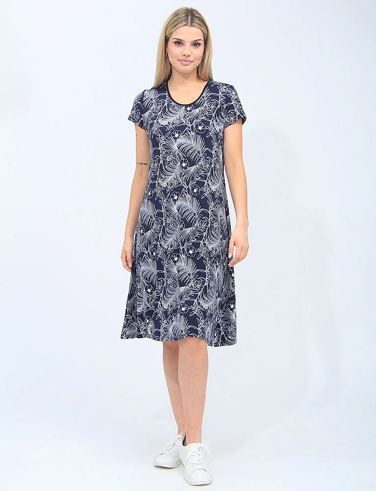 Navy Short Sleeves Round Neck Floral Print Dress By Vamp