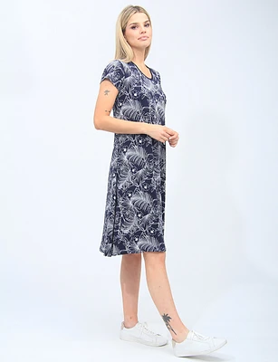 Navy Short Sleeves Round Neck Floral Print Dress By Vamp