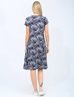 Navy Short Sleeves Round Neck Floral Print Dress By Vamp