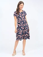 Navy A-Line Floral Print Short Sleeves Dress By Vamp