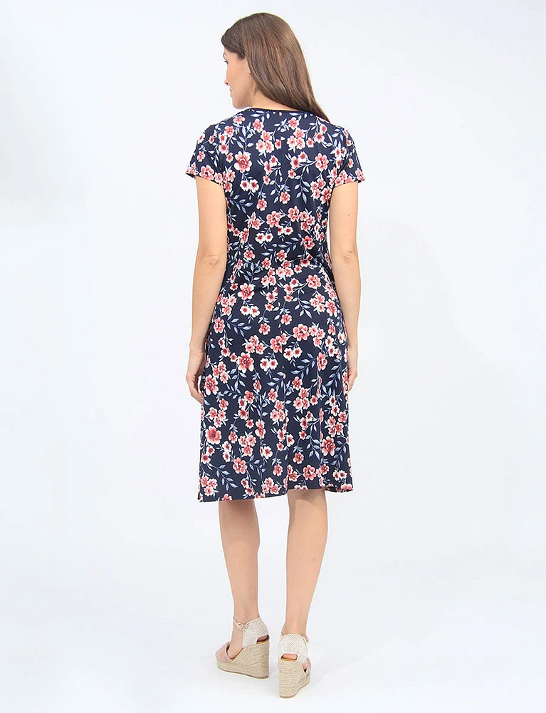 Navy A-Line Floral Print Short Sleeves Dress By Vamp