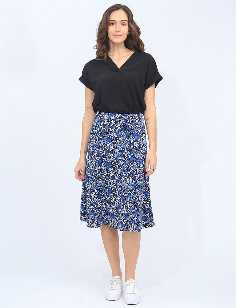 Stretch Mid-length Trapeze Skirt With Embossed Floral Pattern By Vamp 