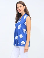 Blue And White A-line Pleated Front Floral Sleeveless Top By Vamp