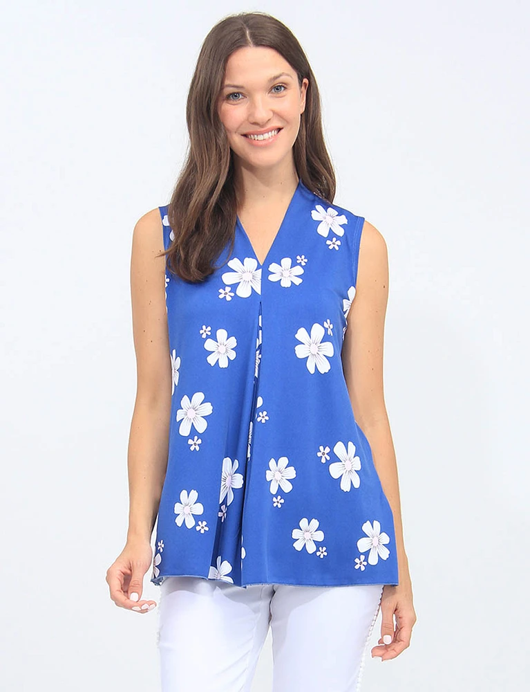 Blue And White A-line Pleated Front Floral Sleeveless Top By Vamp