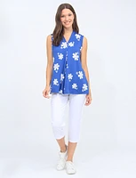 Blue And White A-line Pleated Front Floral Sleeveless Top By Vamp