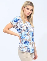 Abstract Nautical Palm Tree Print Short Sleeve Stretch Top By Vamp