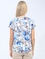 Abstract Nautical Palm Tree Print Short Sleeve Stretch Top By Vamp