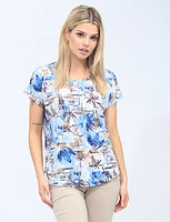 Abstract Nautical Palm Tree Print Short Sleeve Stretch Top By Vamp