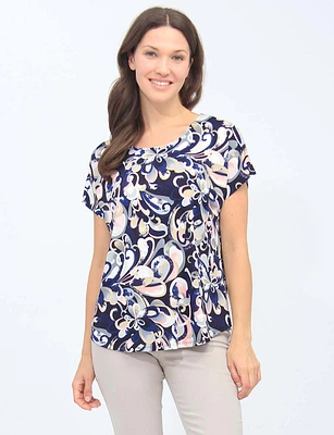 Round Neck Cap Sleeves Navy And Pink Printed Tunic By Vamp