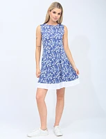 Sleeveless A-line Blue Floral Print Dress With White Border At The Hem By Vamp