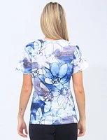 Short Sleeve Floral Top With Scallop Trim By Moffi