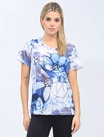 Short Sleeve Floral Top With Lace Trim By Moffi