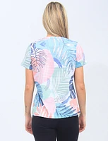 Tropical Short Sleeve Crew Neck Top With Leaf Print and stripes By Moffi