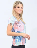Tropical Short Sleeve Crew Neck Top With Leaf Print and stripes By Moffi