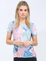 Tropical Short Sleeve Crew Neck Top With Leaf Print and stripes By Moffi