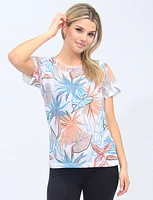 Vibrant Short Sleeves Floral Print Top with Lace Detail by Moffi