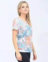 Vibrant Short Sleeves Floral Print Top with Lace Detail by Moffi