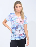 Floral Short Sleeve Top with Gather on One Side By Moffi