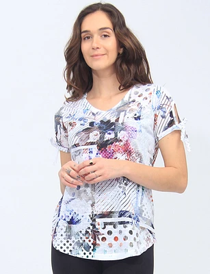 Flawless Abstract Floral Design Top with Tied Short Sleeves by Moffi