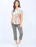 Abstract Water Colour Print V-Neck Short Sleeve With Ties Top By Moffi