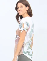 Abstract Water Colour Print V-Neck Short Sleeve With Ties Top By Moffi