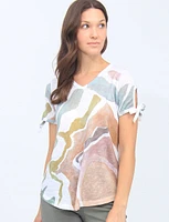 Abstract Water Colour Print V-Neck Short Sleeve With Ties Top By Moffi