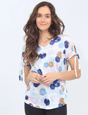 Polka Dot V-Neck Top with Short Sleeves by Moffi