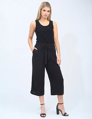 Black Classic Wide Belted Paper Bag Elastic Waist Capri Pants By Devia