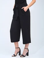 Black Classic Wide Belted Paper Bag Elastic Waist Capri Pants By Devia