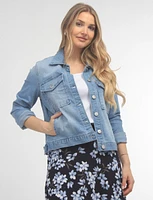 Light Wash Stretchy Denim Jacket with Patch Pockets by Baccini