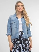 Light Wash Stretchy Denim Jacket with Patch Pockets by Baccini