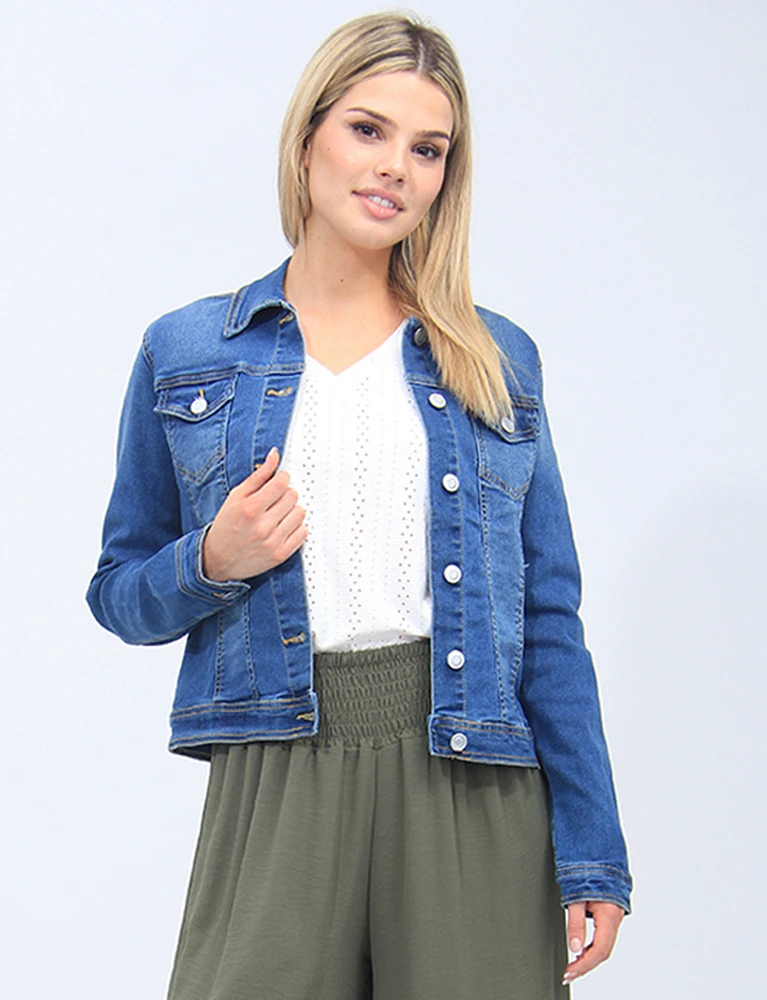 Mid Wash Cropped Stretchy Denim Jacket by Baccini