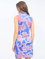 Blue Floral Print Sleeveless V-neck Standing Collar Dress By Tango Mango