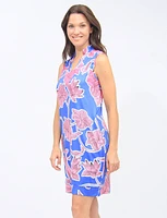 Blue Floral Print Sleeveless V-neck Standing Collar Dress By Tango Mango