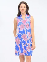 Blue Floral Print Sleeveless V-neck Standing Collar Dress By Tango Mango