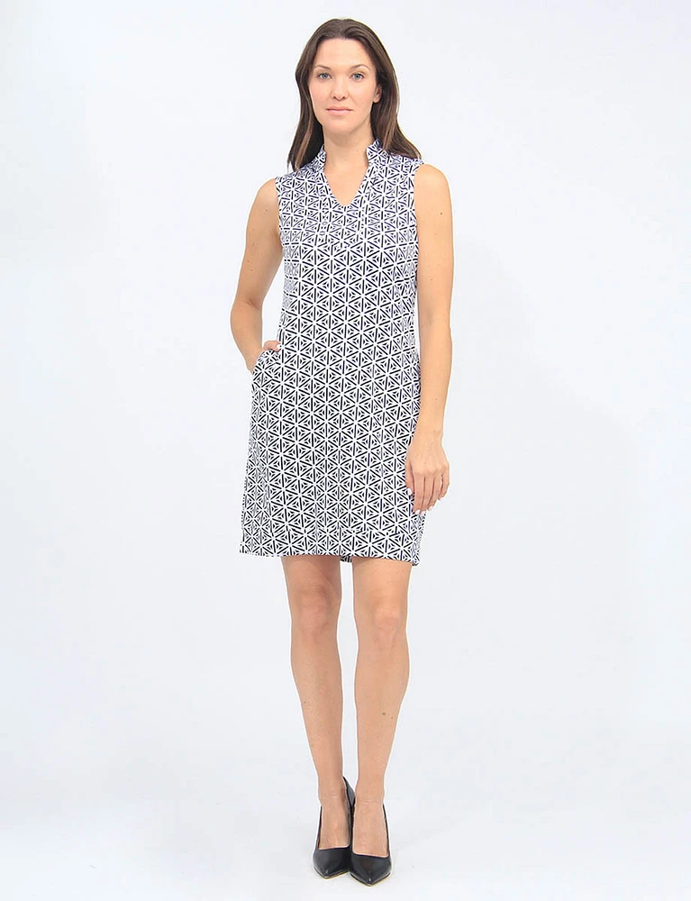 Black and White Print Sleeveless V-neck Standing Collar Dress By Tango Mango