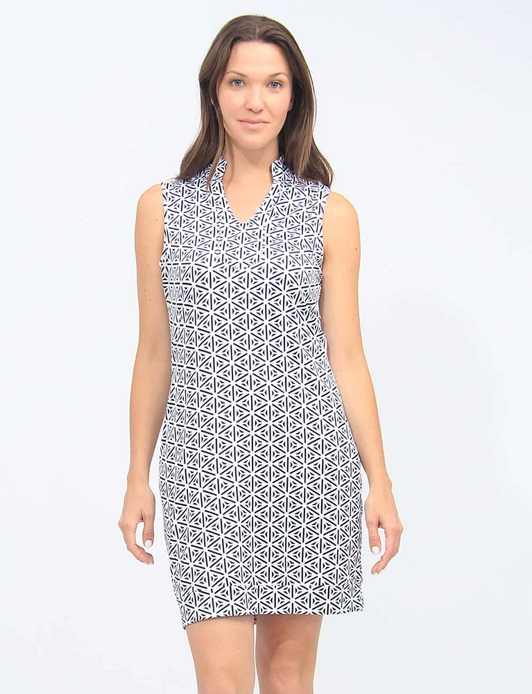 Black and White Print Sleeveless V-neck Standing Collar Dress By Tango Mango