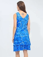 Blue Sleeveless Two-Tiered Printed V-neck Dress By Tango Mango