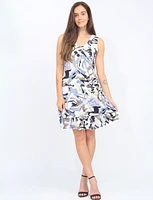 Sleeveless V-neck Two-tier Abstract Print Dress By Tango Mango