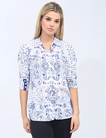 Abstract Floral Print Button-Front Blouse With Gathered Cuffs By Tango Mango