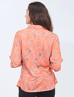 Printed Button-Front Short Blouse With Adjustable 3/4 Sleeves By Tango Mango