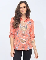 Printed Button-Front Short Blouse With Adjustable 3/4 Sleeves By Tango Mango